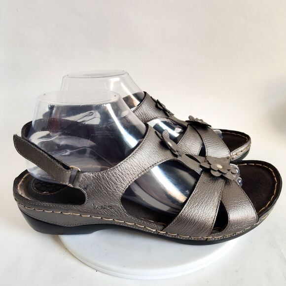 Born Boc Slingback Sandals Size 10 /42 Leather Open Toe Metallic Pewter Strappy - Picture 1 of 13